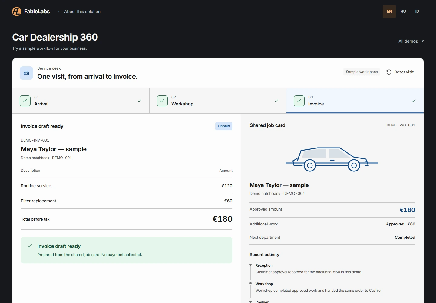 Desktop workspace — Reception, workshop and cashier use the same service record.