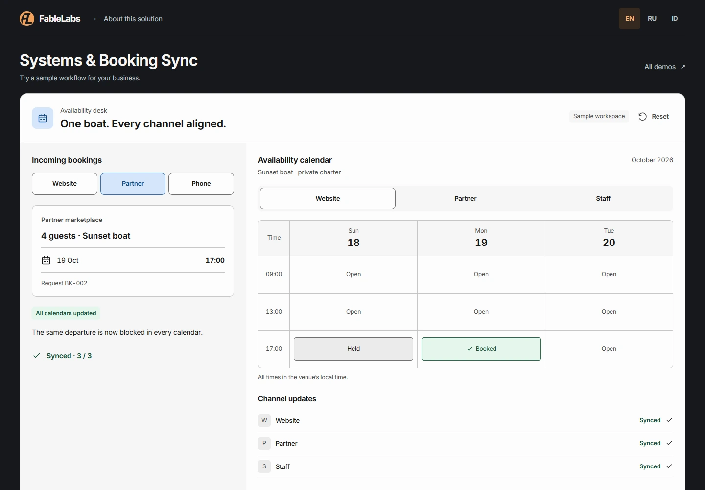 Desktop workspace — One reservation updates availability. A conflict stays visible for review.