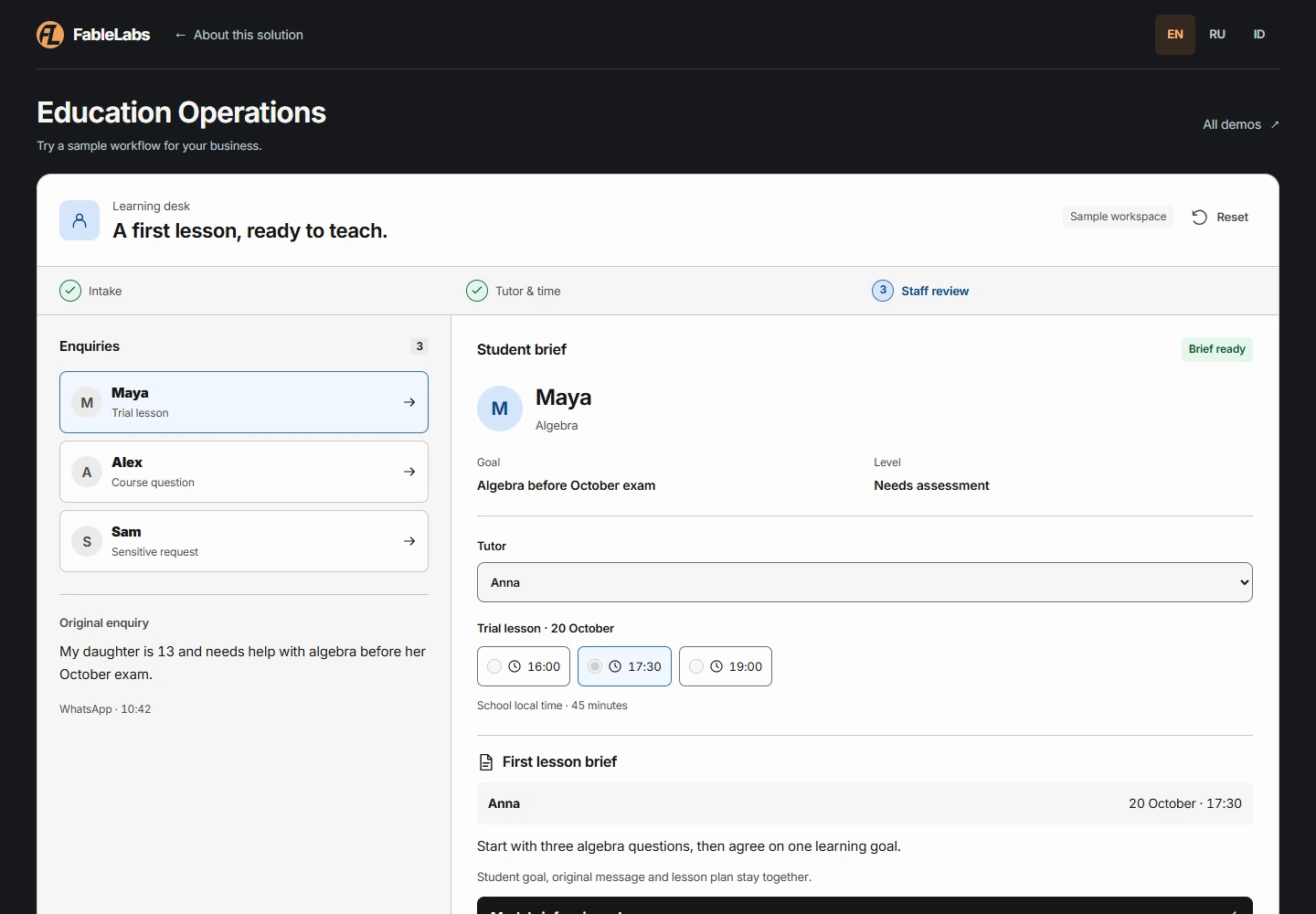Desktop workspace — The enquiry becomes a student profile, a booking and a ready tutor brief.