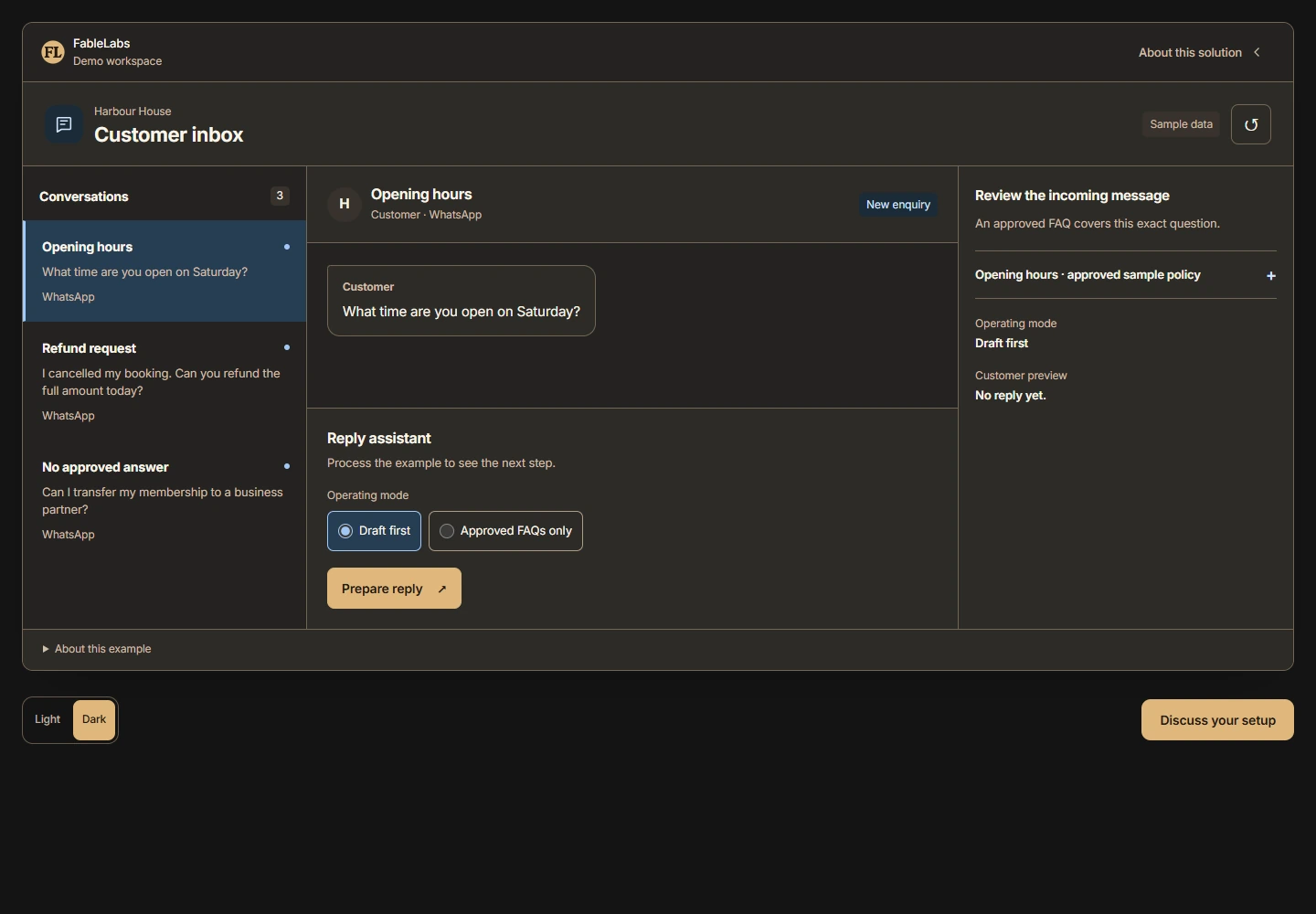 Desktop workspace — Review a suggested reply or hand the conversation to a teammate with its context.